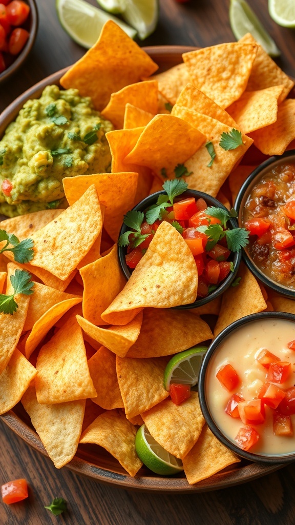 Crispy tortilla chips with guacamole, salsa, and queso on a rustic plate.